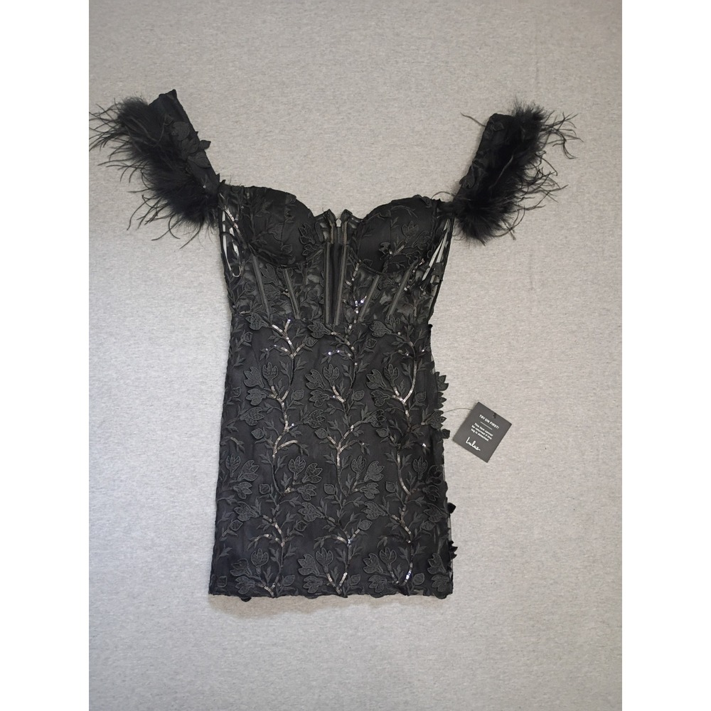 Lulus Black Lace Sequin Corset Mini Dress Feather Off Shoulder NJD841 XS NEW